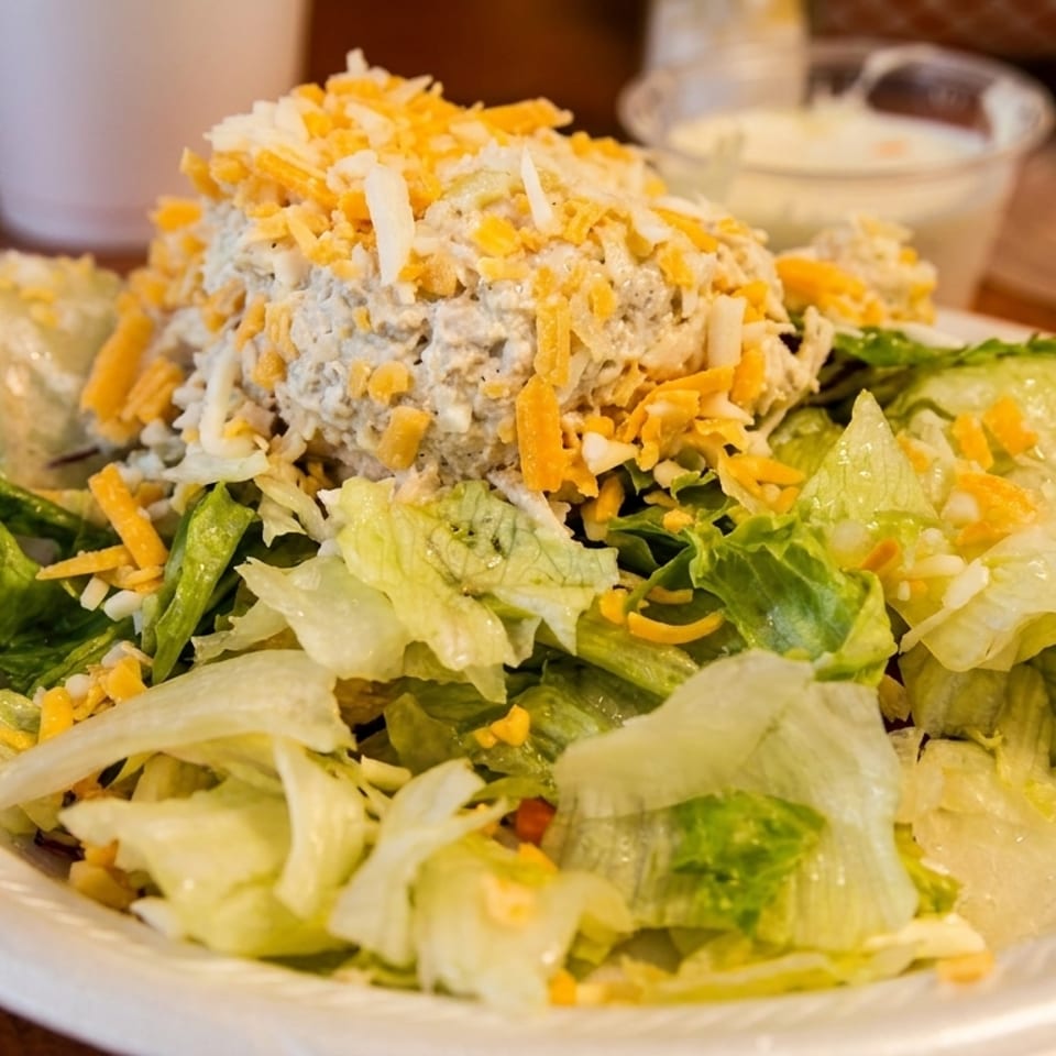 Plate of crisp lettuce salad topped with creamy chicken salad, shredded cheddar cheese, and cucumber slices.