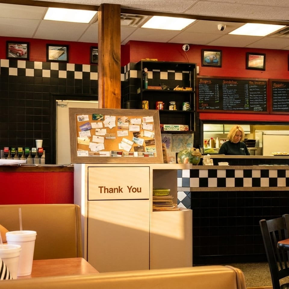 Busy casual restaurant interior with red and black checkerboard decor, counter service, menu boards, staff member, and seated diners.