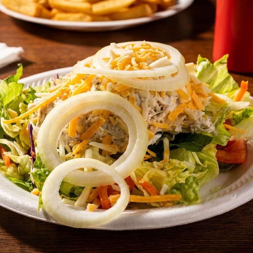 Tossed green salad topped with shredded chicken, cheddar cheese, onion rings, and vegetables on a plate beside fries and pickles.