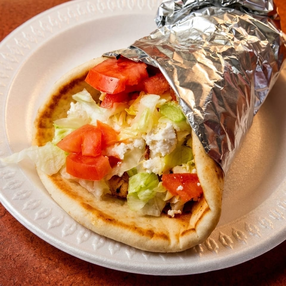 Gyro pita partially wrapped in foil, filled with lettuce, tomatoes, onions, and crumbled cheese on a white plate.