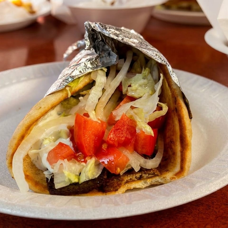 Gyro pita filled with seasoned meat, lettuce, tomatoes, onions, and creamy sauce on a disposable plate.