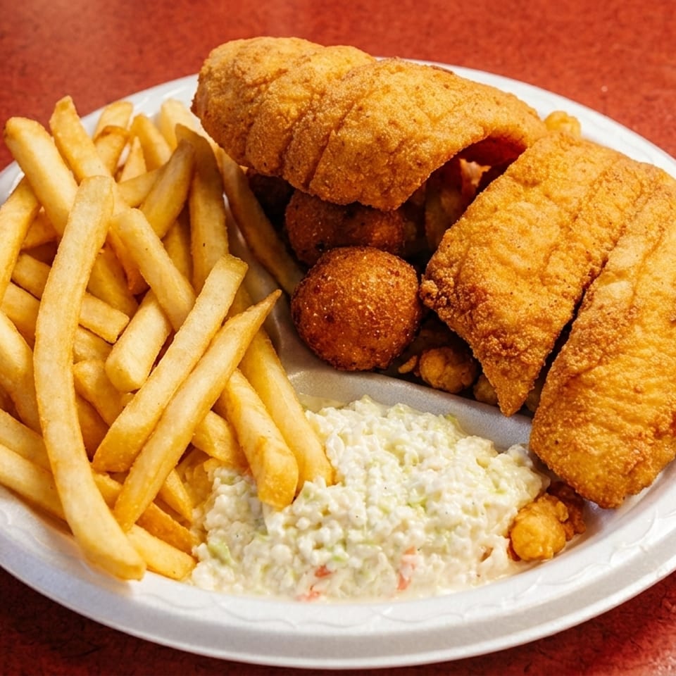 Plate of fried fish, hush puppies, French fries, and creamy coleslaw on a red tabletop.