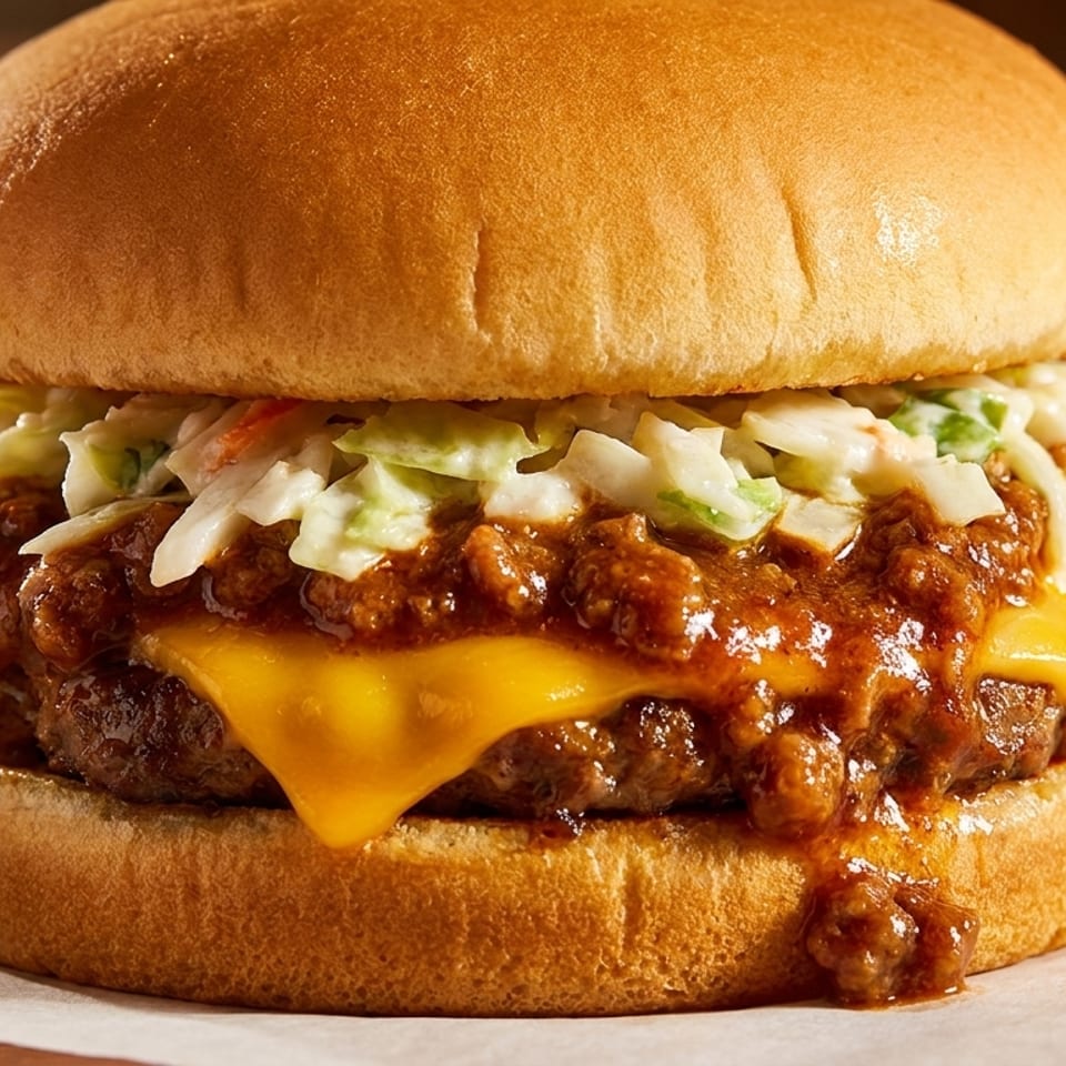 Cheeseburger topped with chili, melted cheddar, and creamy coleslaw on a bun, served on parchment paper.