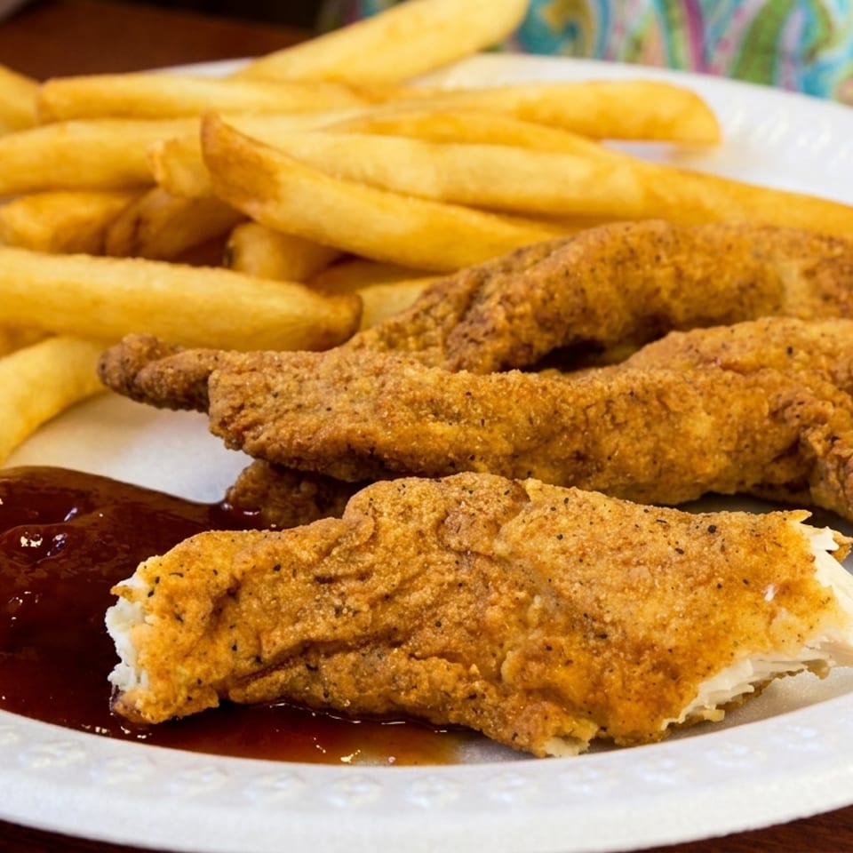 Plate of crispy fried fish fillets with golden fries and dipping sauce on a white dish.