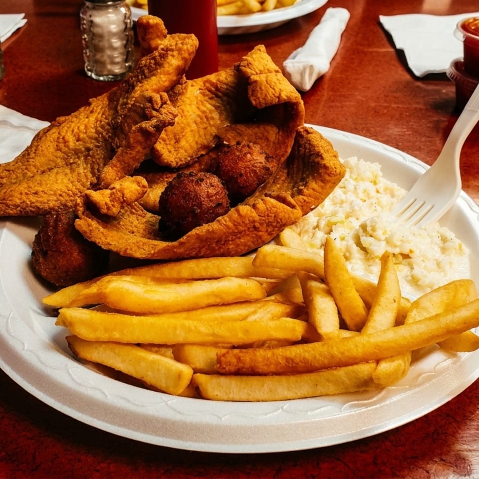 Plate of fried fish, hush puppies, French fries, and creamy coleslaw on a wooden restaurant table.