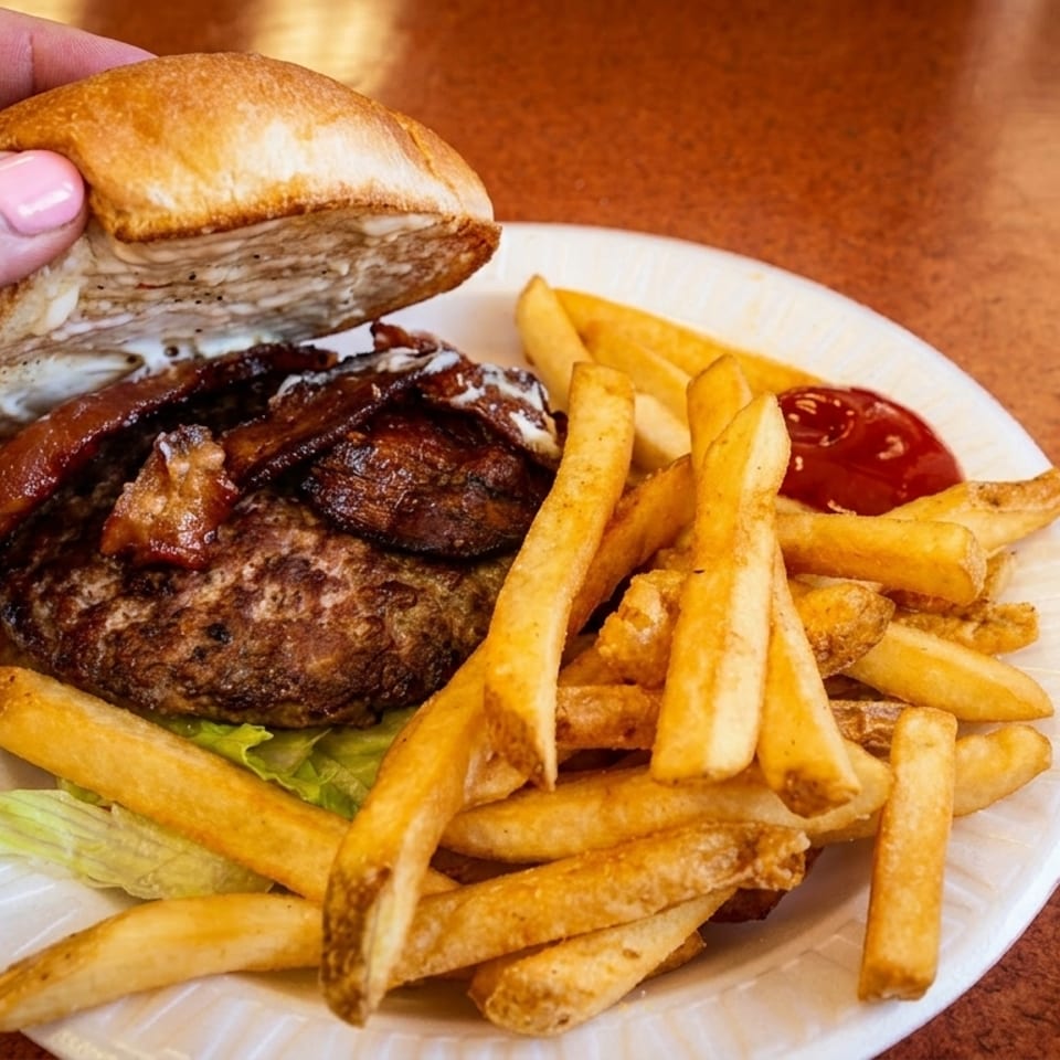 Hand lifts the bun of a bacon mushroom burger served with French fries and ketchup on a paper plate.