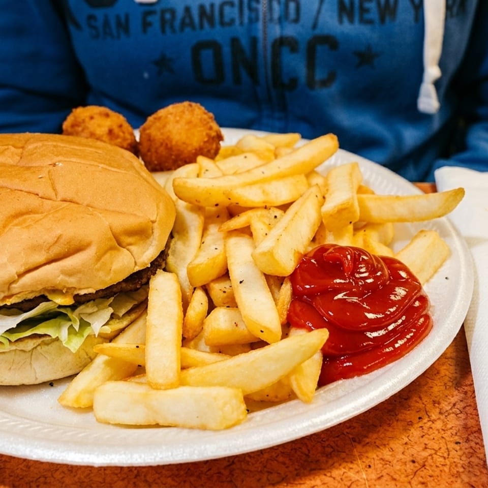 Burger with lettuce, French fries, ketchup, and two golden fried bites on a plate beside a diner.