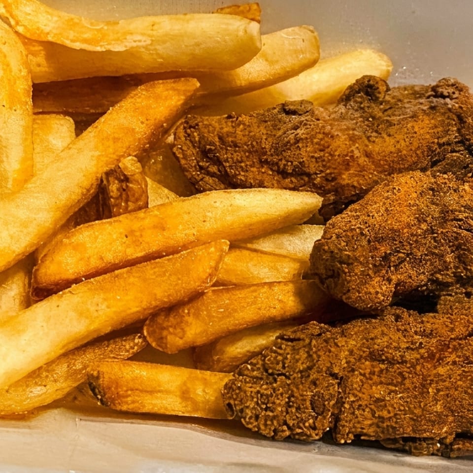 Crispy fried fish fillets served with golden French fries on a paper-lined plate.