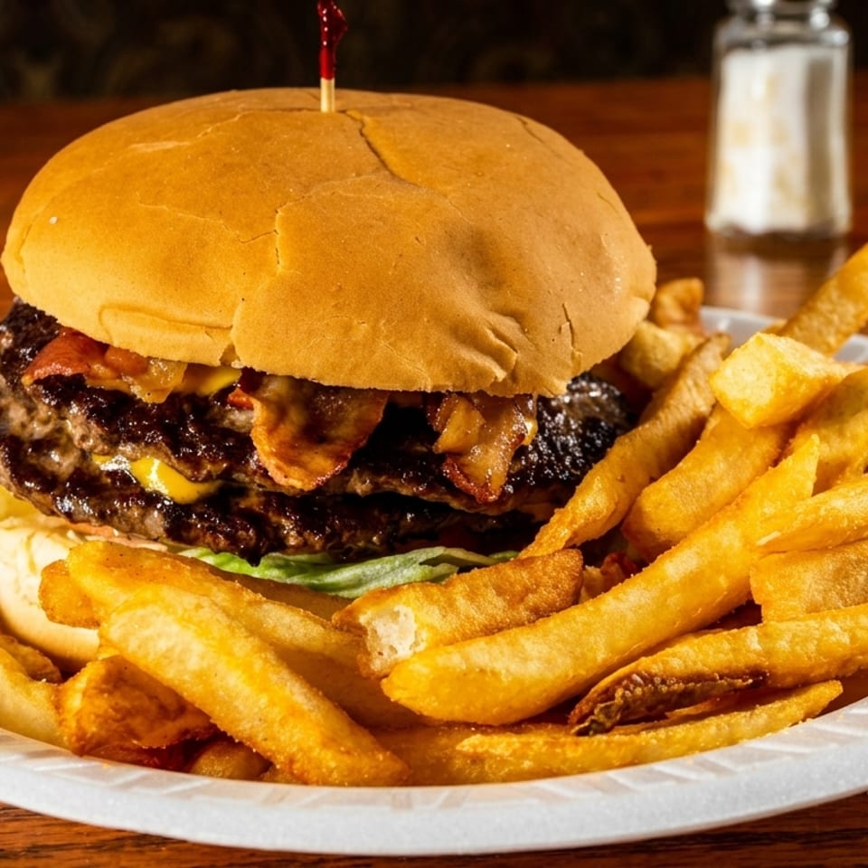 Bacon cheeseburger with lettuce on a bun, served alongside golden French fries on a white plate.