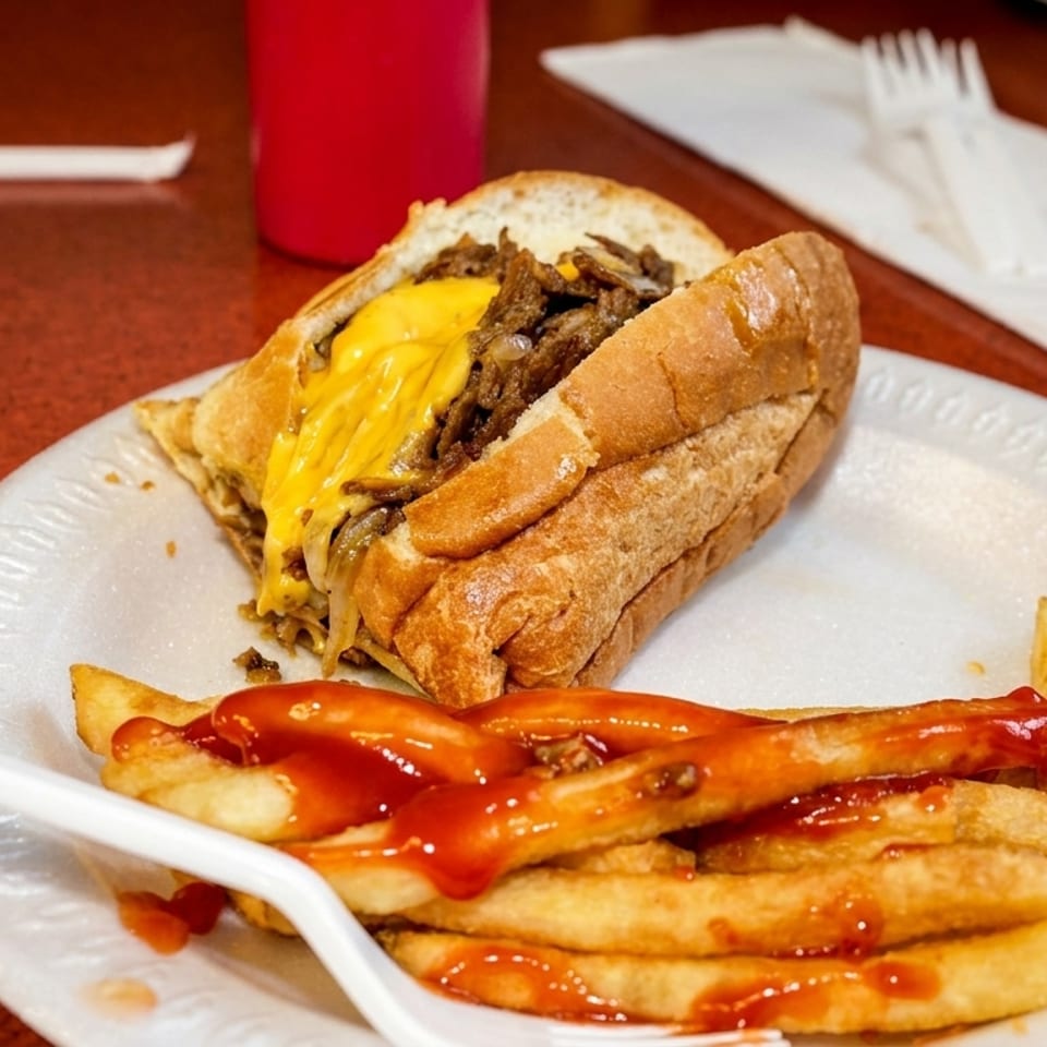 Philly cheesesteak sandwich with melted cheese and fries drizzled with ketchup on a paper plate.