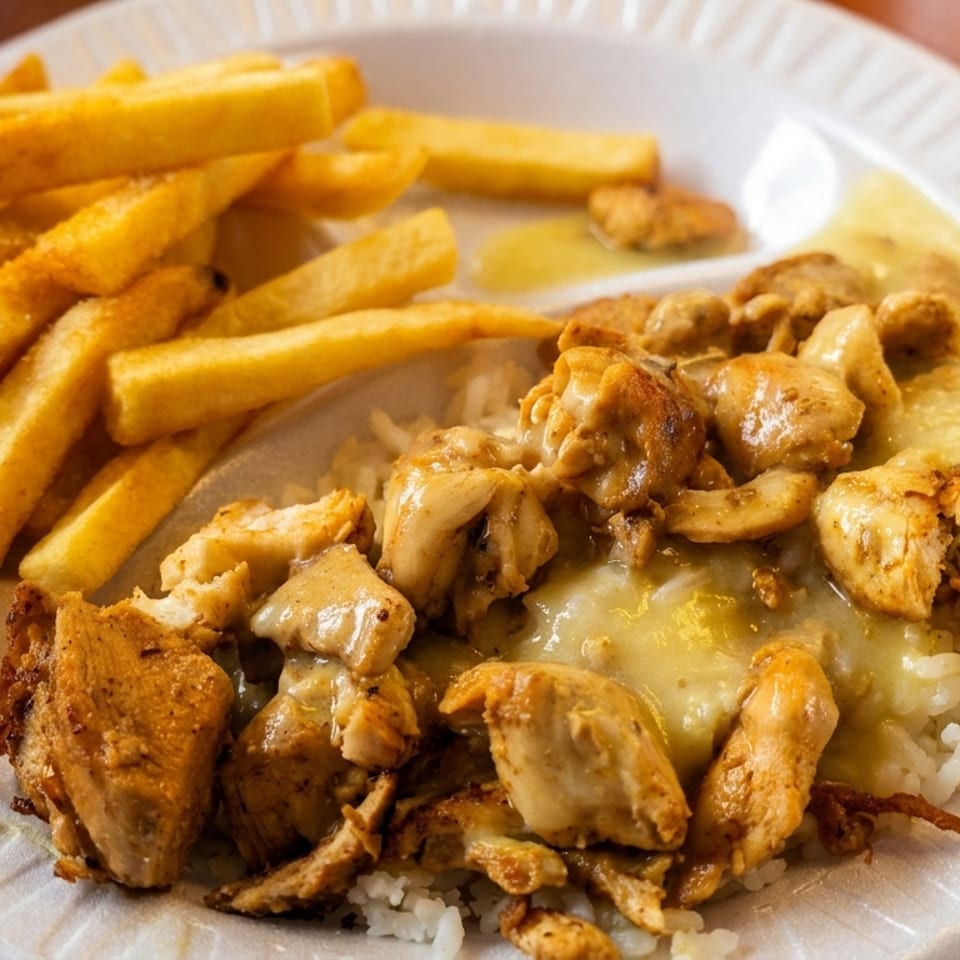 Plate of grilled chicken pieces, white rice, creamy sauce, and golden French fries on a disposable plate.